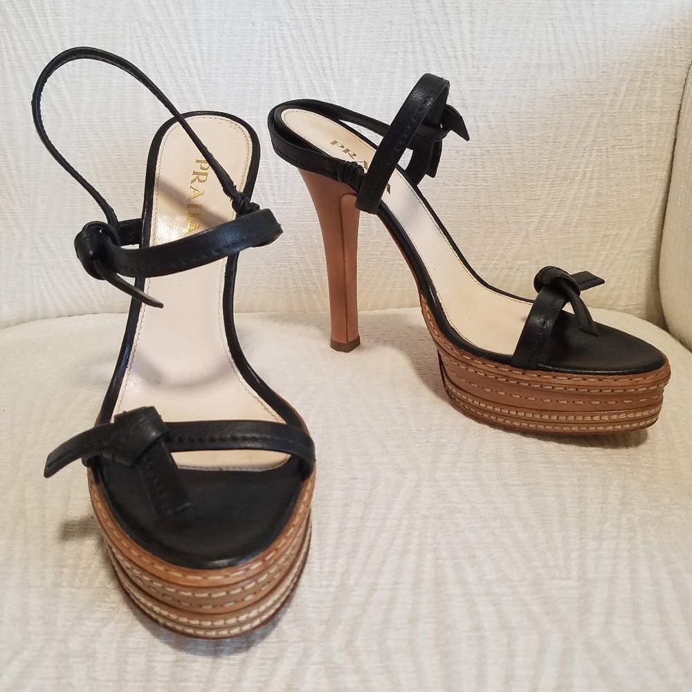 Prada Vintage 2009 Black Leather Whipstich High Heel Platform Sandals Sz 39.5/ 9 - Picture 3 of 8